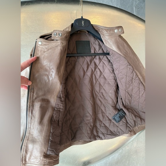AllSaints Lamb Leather Biker Jacket Natural Pointed Collar Padded Inside US 10 - Picture 7 of 16